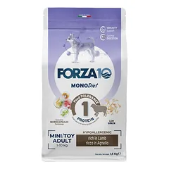 Forza10 Mini & Toy Mono DIET Low Grain su ėriena ir ryžiais sausas maistas mažų ir miniatiūrinių veislių šunims su maisto netoleravimu, 1,5 kg
