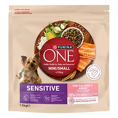 Purina One Sensitive Mini/Small šunų maistas su lašiša ir ryžiais, 1,5 kg