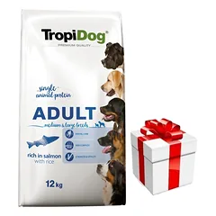 TROPIDOG Premium Adult medium & large breeds lašiša ir ryžiai 12kg + Staigmena ŠUNIUI