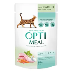 OPTIMEAL™ Visavertis konservuotas ėdalas suaugusioms katėms su triušiena morkų drebučiuose, 85 g