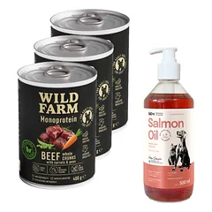 Wild Farm Monoprotein Beef 3x400g hipoalerginis maistas šunims + LAB V Lašišų aliejus šunims ir katėms 500ml