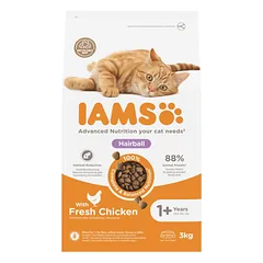Iams Cat Adult Hairball Chicken sausas maistas suaugusiems katėms nuo plaukų kamuoliukų, 3 kg