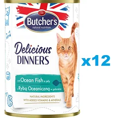 BUTCHER'S Delicious Dinners, ėdalas katėms, gabalėliai su jūros žuvimis drebučiuose, 12 x 400g