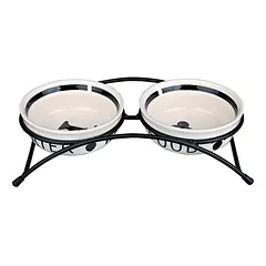 Trixie Eat on Feet Bowl Set keraminės dubenėlių rinkinys ant medinio stovo šunims ir katėms, 2 x 0.25 l, ø 13 cm, baltas/juodas