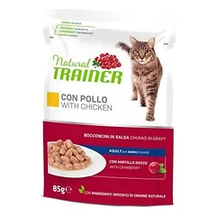 Natural Trainer Cat Chicken visavertis maistas suaugusiems katėms, konservai gabaliukais drebučiuose su vištiena ir spanguolių lapų ekstraktu, 85 g nuotrauka
