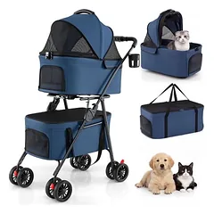 GIANTEX dvigubas šunų vežimėlis 3 viename, 30 kg, saulės stogelis, tinklelis, gėrimų laikiklis, Juoda — 3 nuotrauka