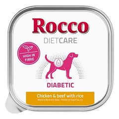 Rocco Diet Care Diabetic su vištiena ir jautiena bei ryžiais, drėgnas maistas šunims, lėkštelė 150 g