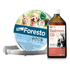 ELANCO Foresto Antkaklis katėms ir šunims sveriantiems mažiau nei 8kg + Lab-V 100% lašišų aliejus įvairaus amžiaus šunims ir katėms 500ml šalto spaudimo