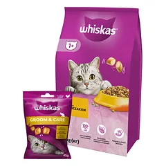 WHISKAS Adult 14kg - sausas kačių maistas su vištiena ir daržovėmis + WHISKAS Healthy Shine 45g