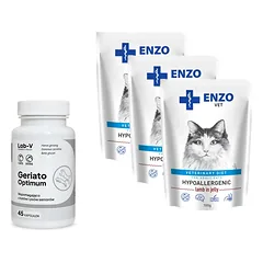 ENZO VET Hipoalerginiai produktai katėms su ėriena želė 3x100g + LAB-V Geriato Optimum 45 kapsulės
