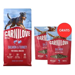 CARNILOVE Active Dog Salmon & Turkey Adult Small Breeds 12 kg – lašiša ir kalakutiena suaugusiems mažų veislių šunims + CARNILOVE Dog Soft Snack Salmon Small Bite 2 x 200 g DOVANŲ