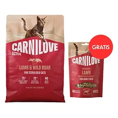 CARNILOVE Active Cat Lamb and Wild Boar Sterilised 2 kg sterilizuotoms katėms + CARNILOVE Crunchy Snack Cat Lamb 50 g NEMOKAMAI