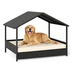 GIANTEX Outdoor Hundebett Erhöht,Rattan Mit Kissen & Schrägdach, Wetterfest