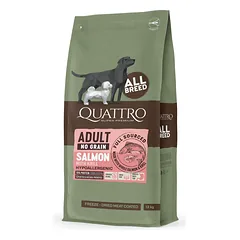 QUATTRO 12kg begrūdis lašiša ir kriliu visų veislių suaugusių šunų pašaras