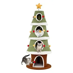 GIANTEX Kratzbaum „Weihnachtsbaum“ Mit Gemütlichen Häuschen Auf 4 Ebenen
