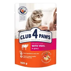 CLUB 4 PAWS Premium visavertis konservuotas maistas suaugusioms katėms su veršiena padaže 80g.x24vnt.