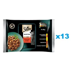 SHEBA Selection "Juicy Flavours" paketėliai 52x85 g drėgno visaverčio pašaro suaugusioms katėms su vištiena ir jautiena, vištienos, ėrienos, anties ir kalakutienos gabalėliais