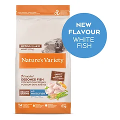 Nature’s VarietyHEALTHY GRAINS MED/MAX ADULT WHTE FISH 12 kg — 4 nuotrauka