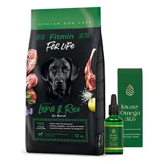 FITMIN dog For Life Lamb & Rice 12 kg + LAB-V Omega 3 ir 6 riebalų rūgštys bendrai šunų ir kačių sveikatos, kailio ir odos būklei gerinti 100ml