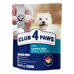 CLUB 4 PAWS Premium pilnavertis sausas hipoalerginis ėdalas suaugusiems mažos veislės šunims su ėriena ir ryžiais 900g.