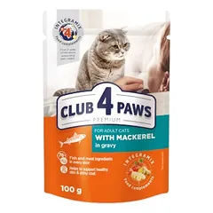 CLUB 4 PAWS PREMIUM „SU SKUMBRE PADAŽE”. PILNAVERTIS DRĖGNI PAŠARAI SUAUGUSIOMS KATĖMS 100g.* 24vnt.
