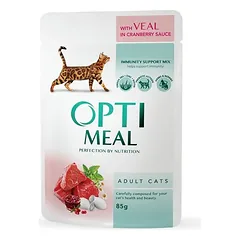 OPTIMEAL™. Visavertis konservuotas ėdalas suaugusioms katėms su veršiena spanguolių padaže 85g.x12vnt.