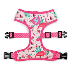 Dashi Flamingo Neo Mesh Pakinktai - nesitraukiantys, dvipusiai šunų pakinktai iš neopreno, su flamingo raštu