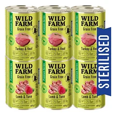 WILD FARM Premium Grain Free Turkey and Veal / Lamb and Tuna 12x400g – be grūdų maistas kastruotiems katėms