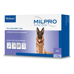 Virbac Milpro 12,5mg/125mg plėvele dengtos tabletės šunims 5-25 kg nuo kirminų, N2