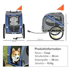 Dviračio priekaba šunims iki 20 kg, sulankstoma, su apsauga nuo lietaus, vėliavėle ir atšvaitais, pilka su mėlyna — 3 nuotrauka
