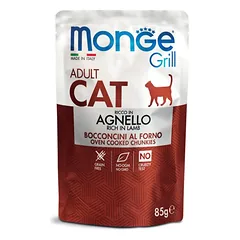 Monge Grill Pouch Chunkies In Jelly Rich In Lamb Adult konservai suaugusiems katėms su ėriena ir triušiena, 85 g