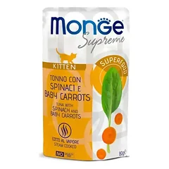 Monge SUPREME – šlapias maistas kačiukams su tunu su špinatais ir morkomis, 12x80g