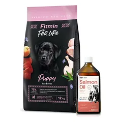 FITMIN DOG For Life Puppy 12kg + Lab-V 100% lašišų aliejus įvairaus amžiaus šunims ir katėms 500ml šalto spaudimo