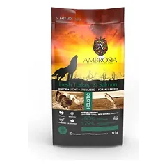 AMBROSIA Grain-Free Turkey & Fresh Salmon Senior & Sterilised , Begrūdis Kalakutienos Ir Šviežios Lašišos Sausas Maistas Šunims 2kg. – 12kg.