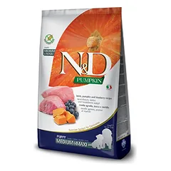 Farmina N&D Dog Grain Free Puppy M/L be grūdų sausas maistas šuniukams ir nėščiosioms ar žindančioms kalytėms su aviena, moliūgu, mėlynėmis, 12 kg