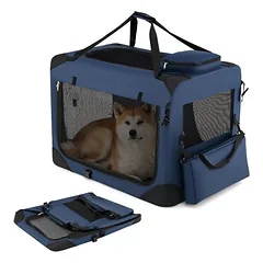 GIANTEX transportavimo dėžė šunims ir katėms 83,5x58x58 cm, Oxford, 3 durys, kilimėlis, Mėlyna — 2 nuotrauka