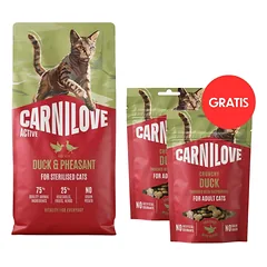 CARNILOVE Active Cat Duck and Pheasant Sterilised 6 kg sterilizuotoms katėms + CARNILOVE Crunchy Snack Cat Duck 2x50 g NEMOKAMAI