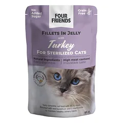 Four Friends Sterilized Turkey konservai sterilizuotoms katėms su kalakutiena drebučiuose, 85 g
