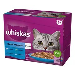 WHISKAS Žuvies delikatesai balta žuvis, menkė, lašiša, tunas drebučiuose 12x85g