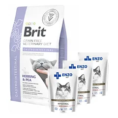 Brit gf veterinary diets cat Gastrointestinal 5kg + ENZO VET Žarnynas su ėriena padaže katėms 3x100g