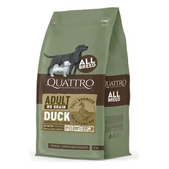 QUATTRO begrūdis sausas maistas visų veislių šunims su antiena, 3kg