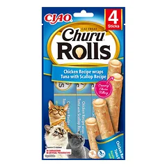 INABA Churu Rolls Chicken 4x10g vištienos, tuno ir šukučių suktinukai katėms