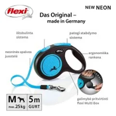 Flexi New Neon M automatinis pavadys, 5 m, juostelė, mėlynas — 2 nuotrauka