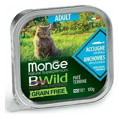 Monge BWild Grain Free Adult paštetas su ančiuviais ir daržovėmis, drėgnas maistas katėms 100 g