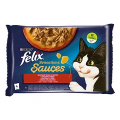FELIX Sensations Sauce Kaimo skoniai padaže (kalakutiena su šonine, aviena su elniena)  4x85g drėgnas kačių maistas