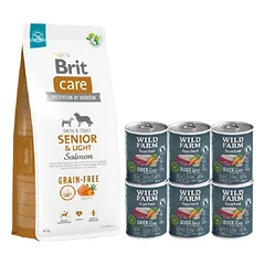 BRIT CARE Dog Grain-free Senior & Light Salmon 12kg + Wild Farm Superfood Duck 6x400 g pašaro šunims be grūdų
