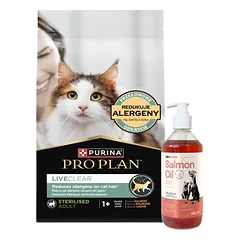 PRO PLAN LiveClear Maistas suaugusiems katėms po sterilizacijos, turtingas lašiša, 1,4 kg + LAB V Lašišų aliejus šunims ir katėms 500ml