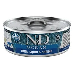 Farmina N&D Cat Ocean grūdų neturintys konservai suaugusiems katėms su tunu, kalmarais ir krevetėmis, 80 g