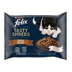 FELIX Tasty Shreds drėgnas kačių ėdalas su antiena ir kalakutiena padaže 4x80g