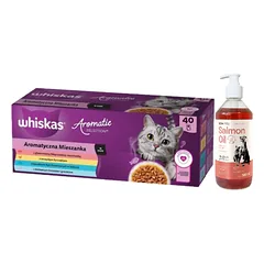 WHISKAS Adult Aromatic Mix 40x85 g - drėgnas kačių maistas + LAB V Lašišų aliejus šunims ir katėms 500ml